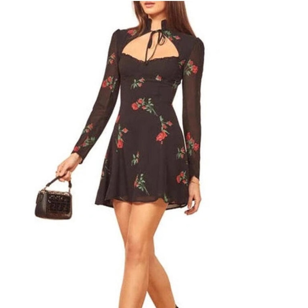 Reformation Vivianne Long Sleeve Mini Dress, black, size 6